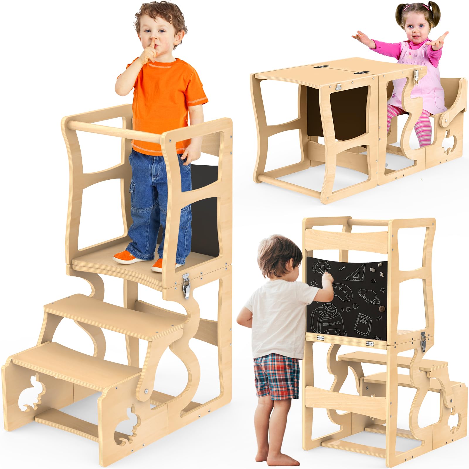 Toddler Tower, Kitchen Stool Helper for Toddlers, Learning Wooden Tower with Chalkboard and Backrest, 3 in 1 Kitchen Standing To